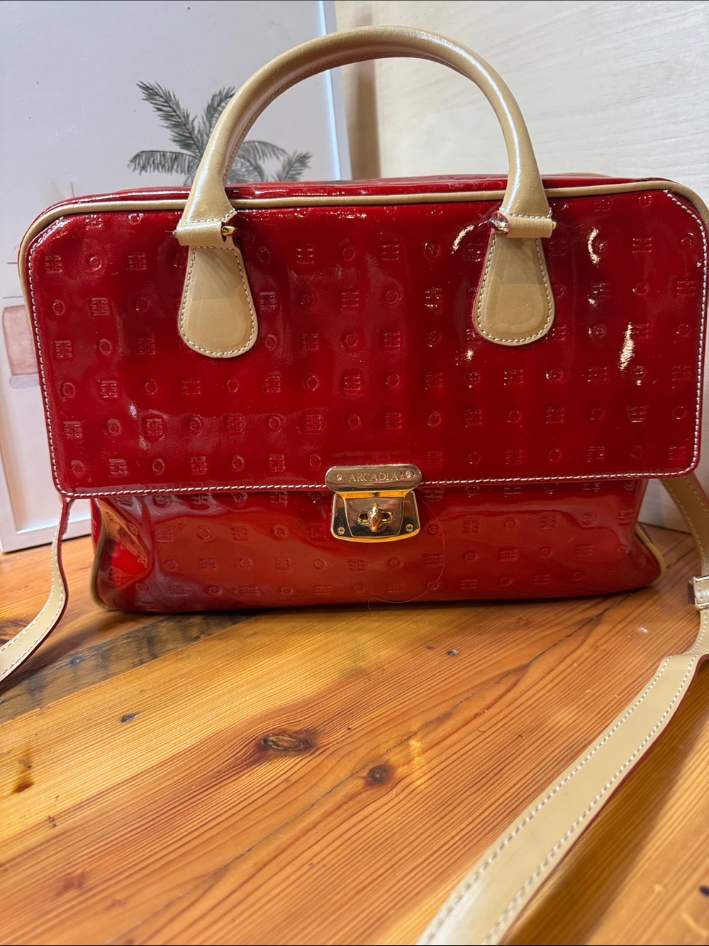 Arcadia Red genuine Patent Leather Satchel with Cream Trim and Gold Hardware